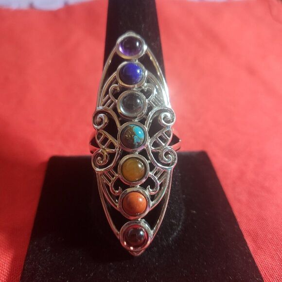 Multi Gemstone Seven Chakra Elongated Silver Ring - Picture 4 of 7